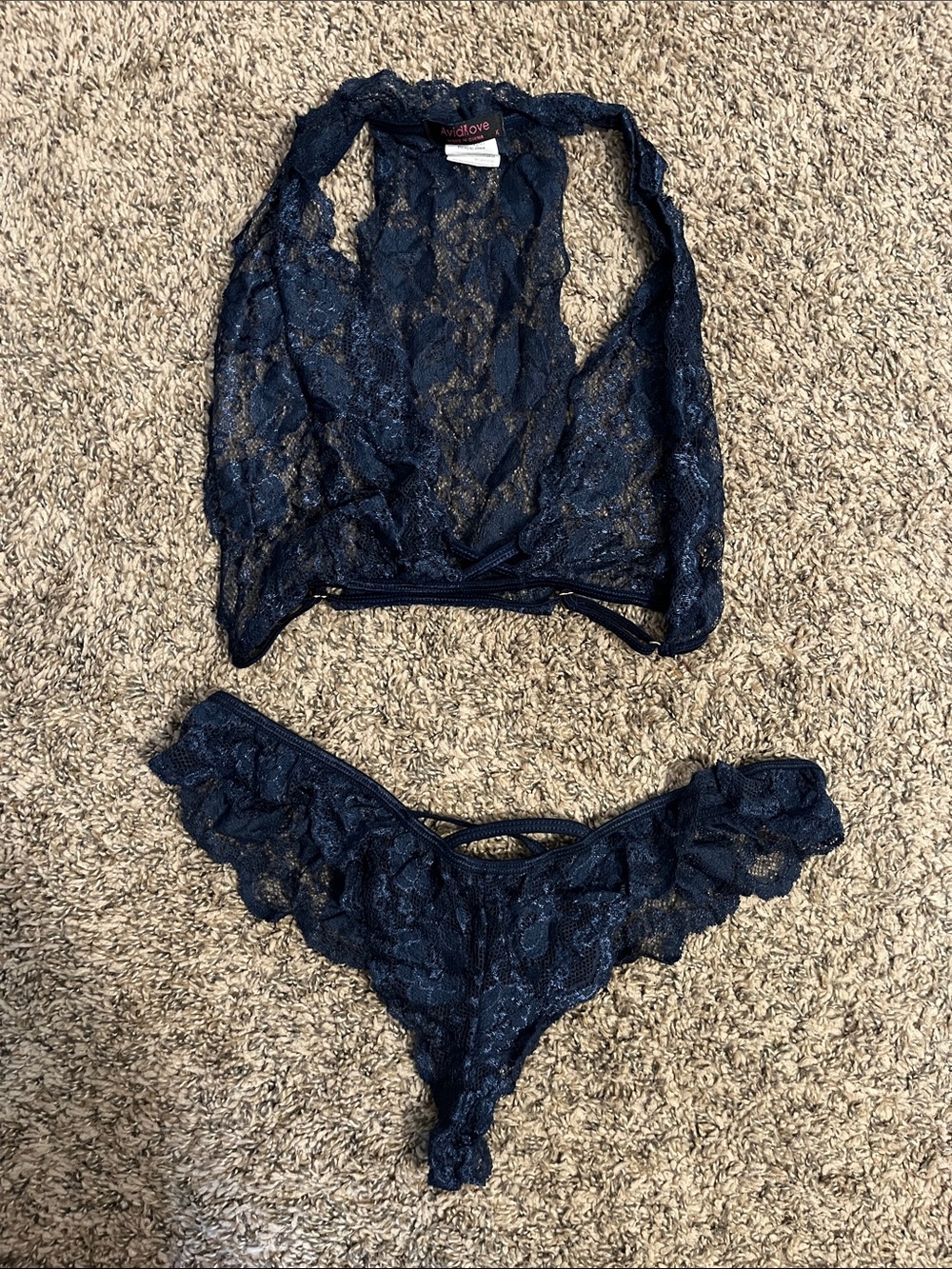 Sheer Lace Halter Bralette & Ruffle Bikini Set - Navy